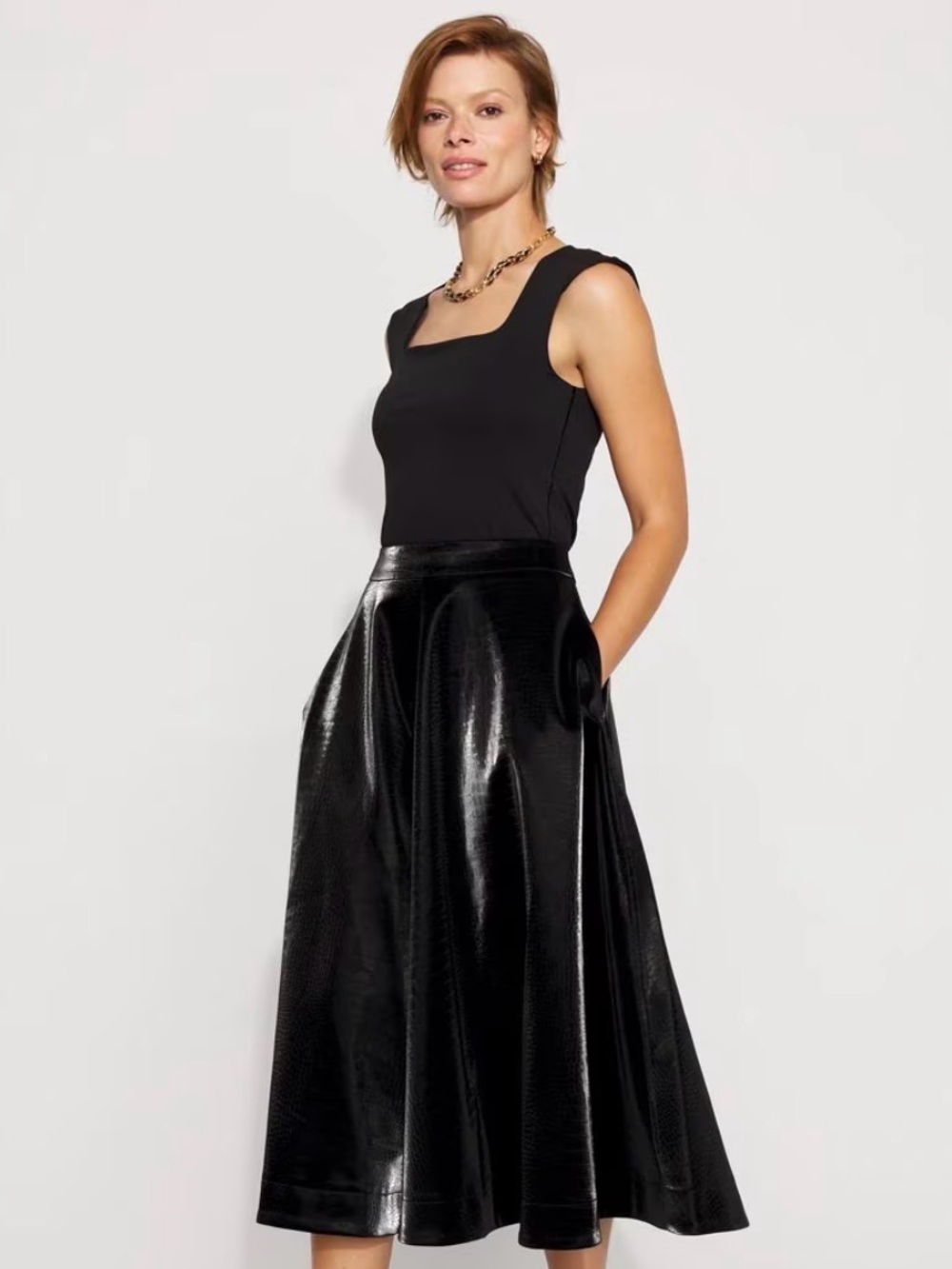 White House Black MarketFaux Croc Black High-Shine A-Line Midi Skirt
NWT